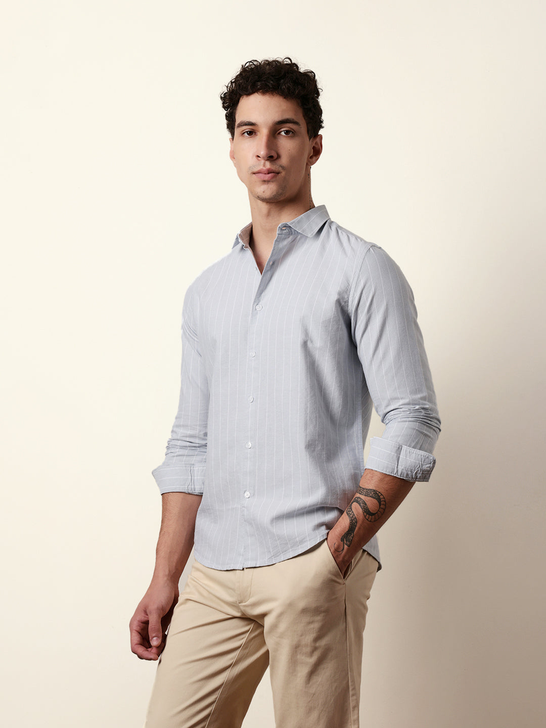 Light Grey Vertical Woven Stripe Slim Fit Casual Shirt