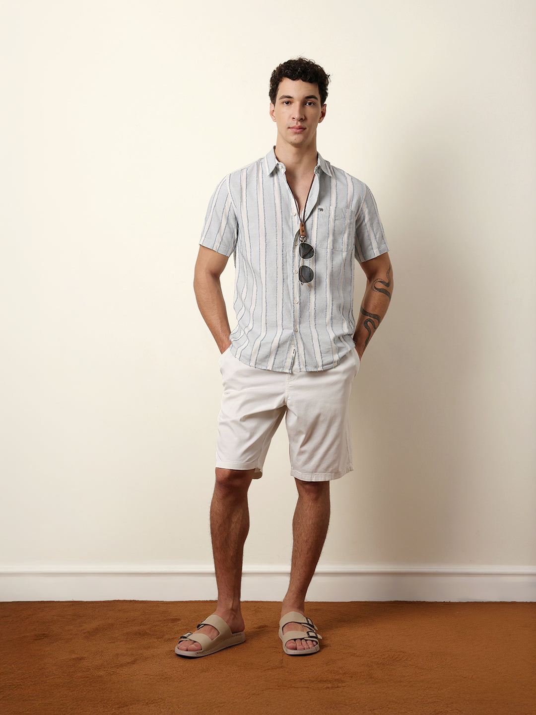 Blue & White Vertical Chenille Stripe Regular Fit Casual Shirt