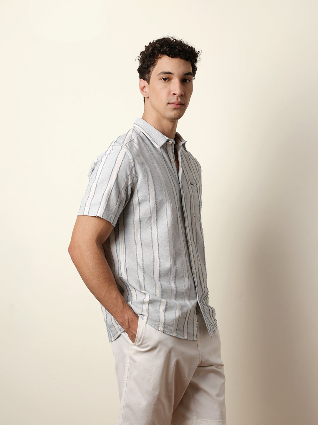 Blue & White Vertical Chenille Stripe Regular Fit Casual Shirt