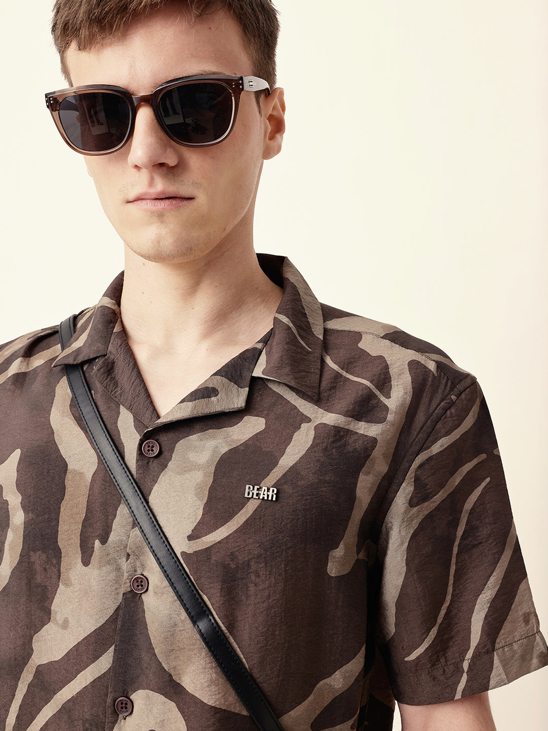 Brown with Beige Relaxed Fit Abstract Stroke Print Half Sleeve Casual Shirt