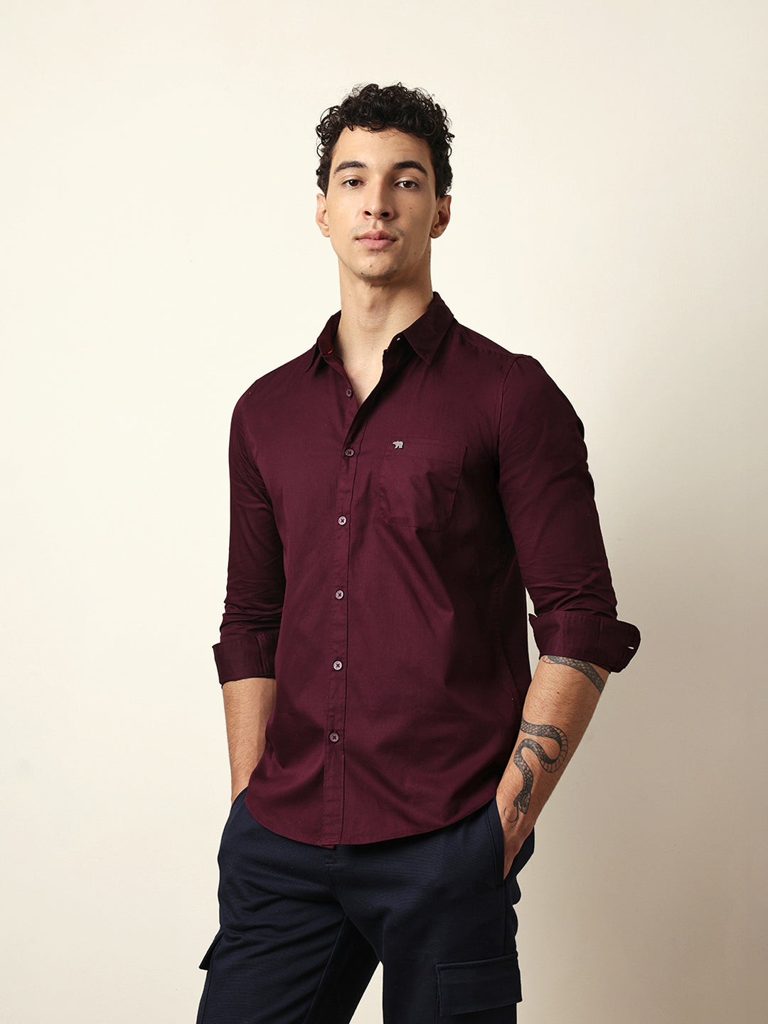 Maroon Solid Slim-Fit Casual Shirt with Button-Down Collar