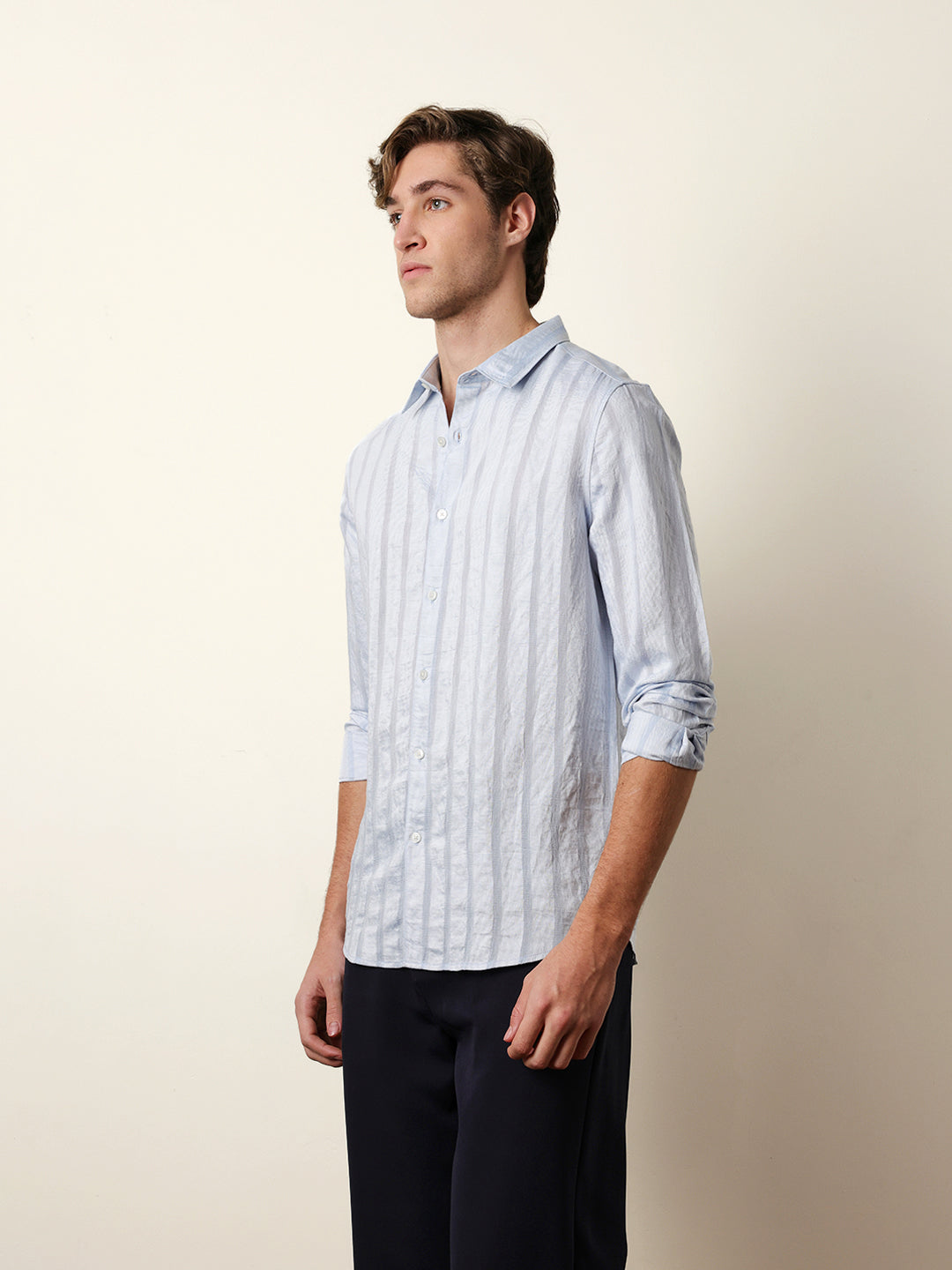 Light Blue Slim Fit Casual Shirt with Woven Semi-Transparent Vertical Stripes