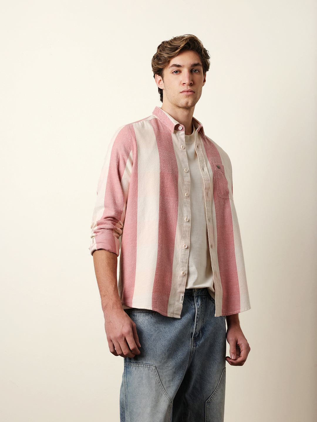 Red & Cream Woven Striped Flannel Regular Fit Casual Shirt