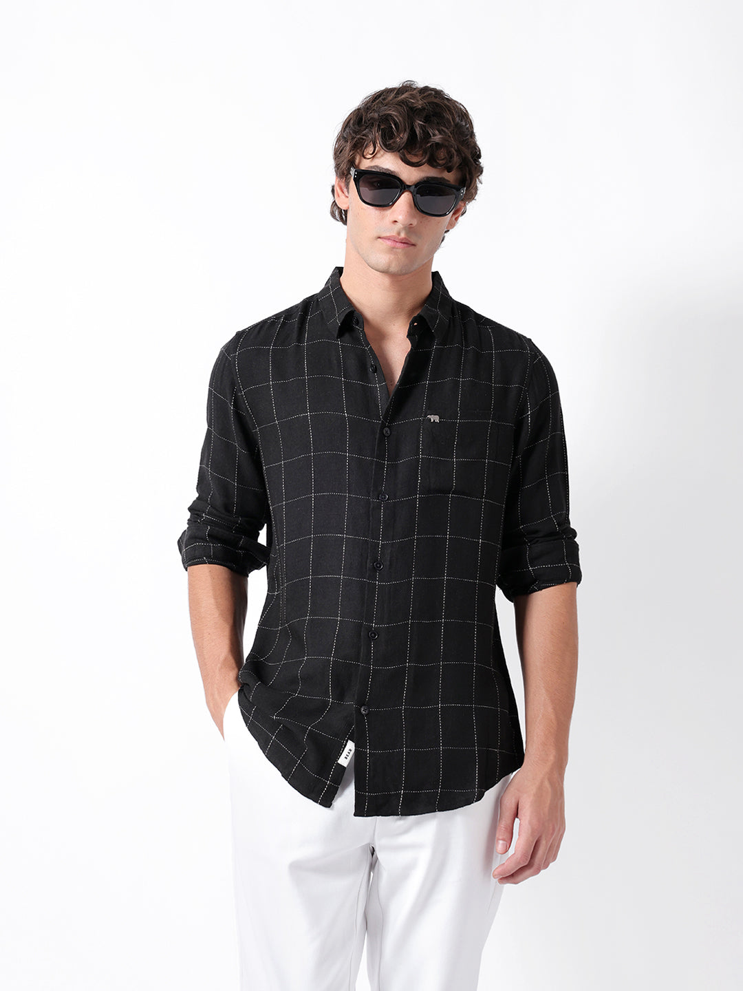 Black Slim Fit Casual Shirt with Woven Block Checks