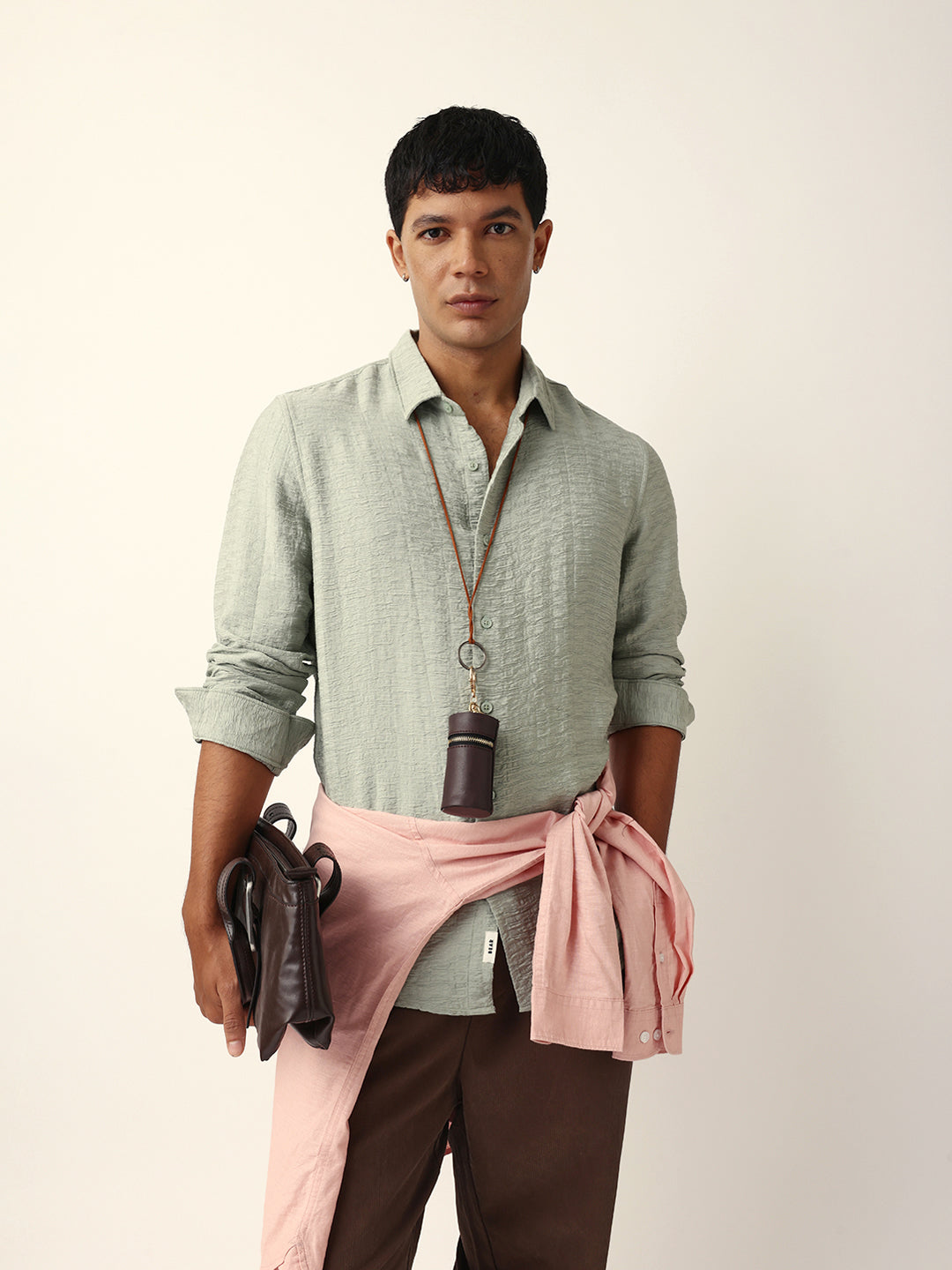 Light Green Crinkle Textured Slim Fit Casual Shirt