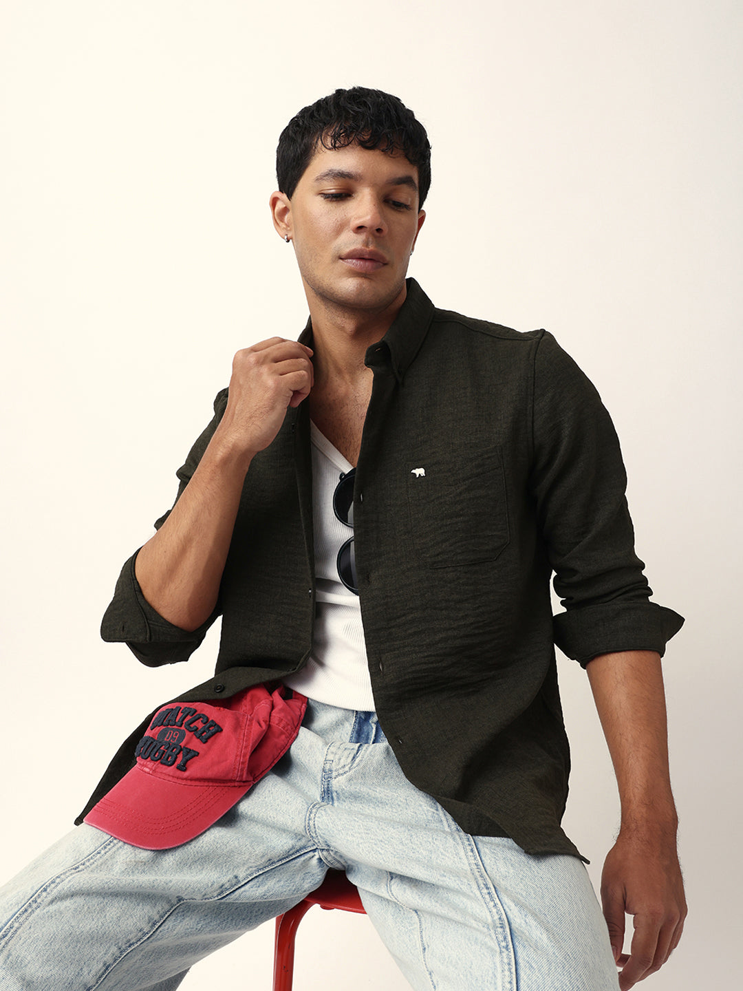 Olive Slim Fit Casual Shirt with Woven Textured Design