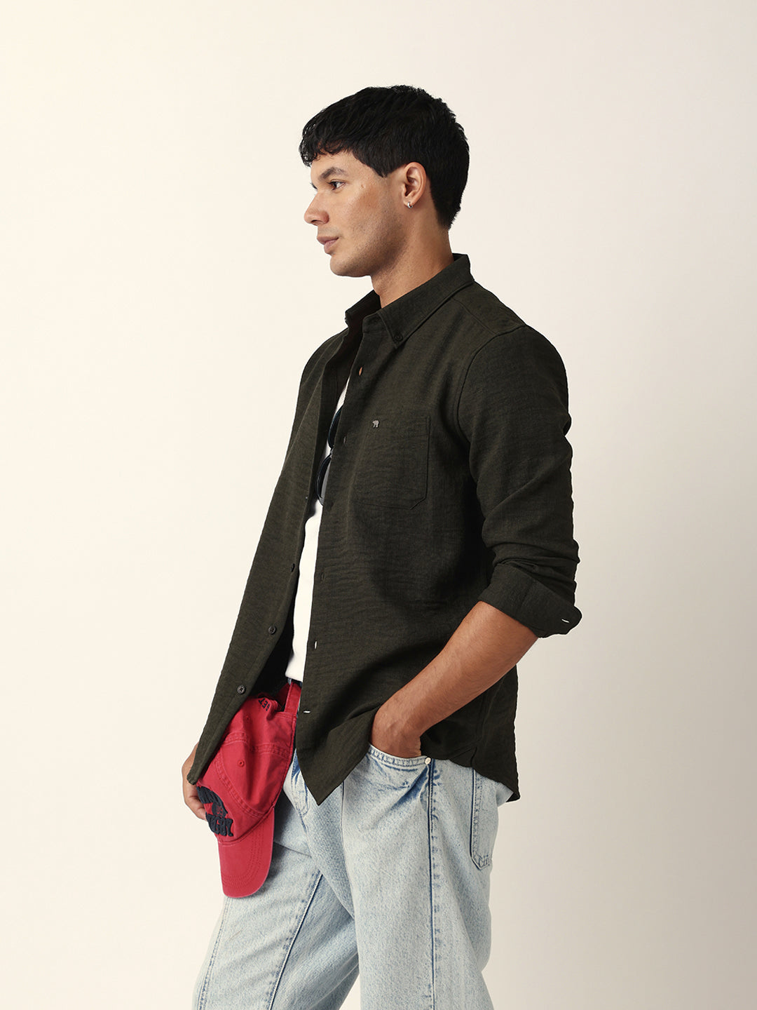 Olive Slim Fit Casual Shirt with Woven Textured Design