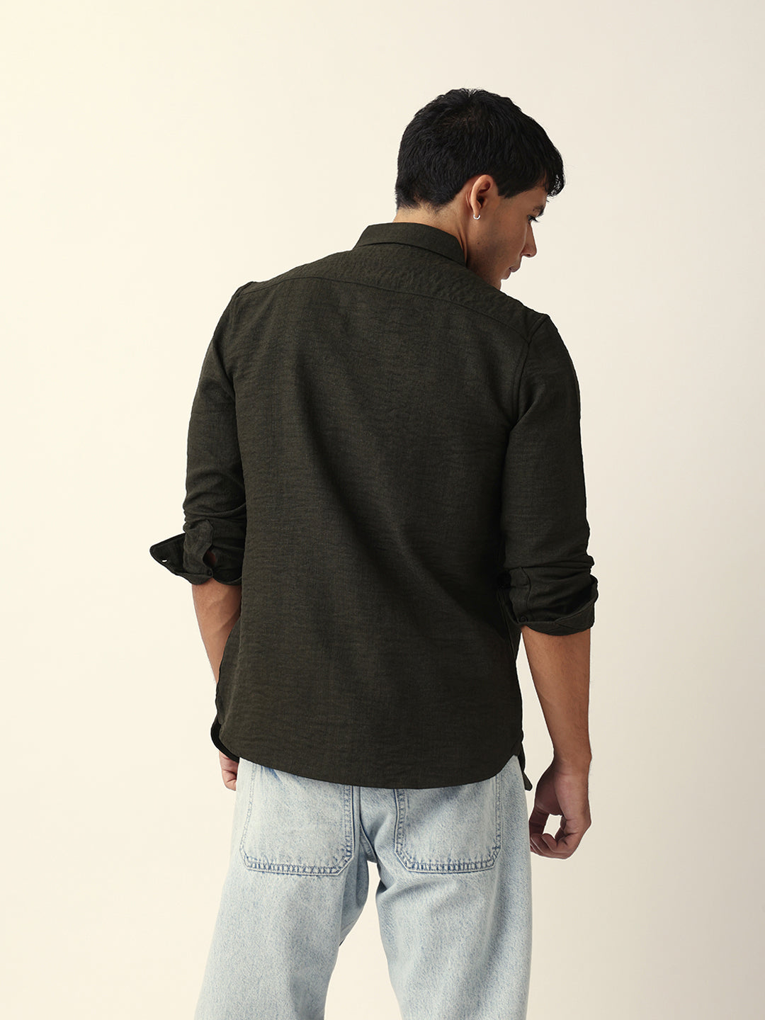 Olive Slim Fit Casual Shirt with Woven Textured Design