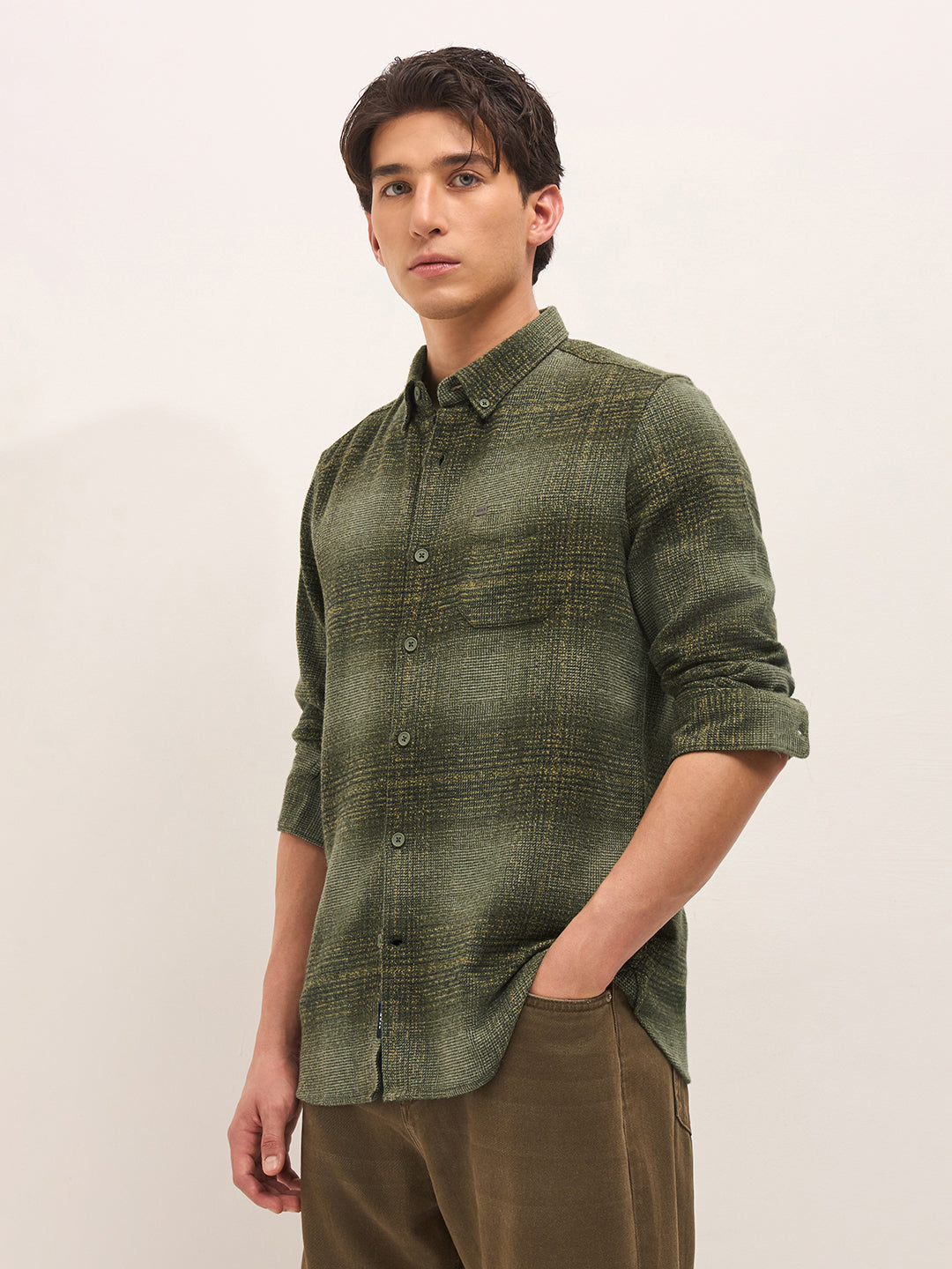 Green Woven Check Flannel Slim Fit Casual Shirt