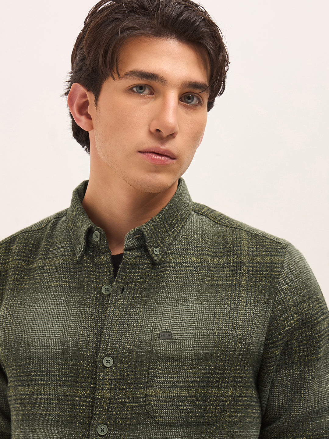 Green Woven Check Flannel Slim Fit Casual Shirt