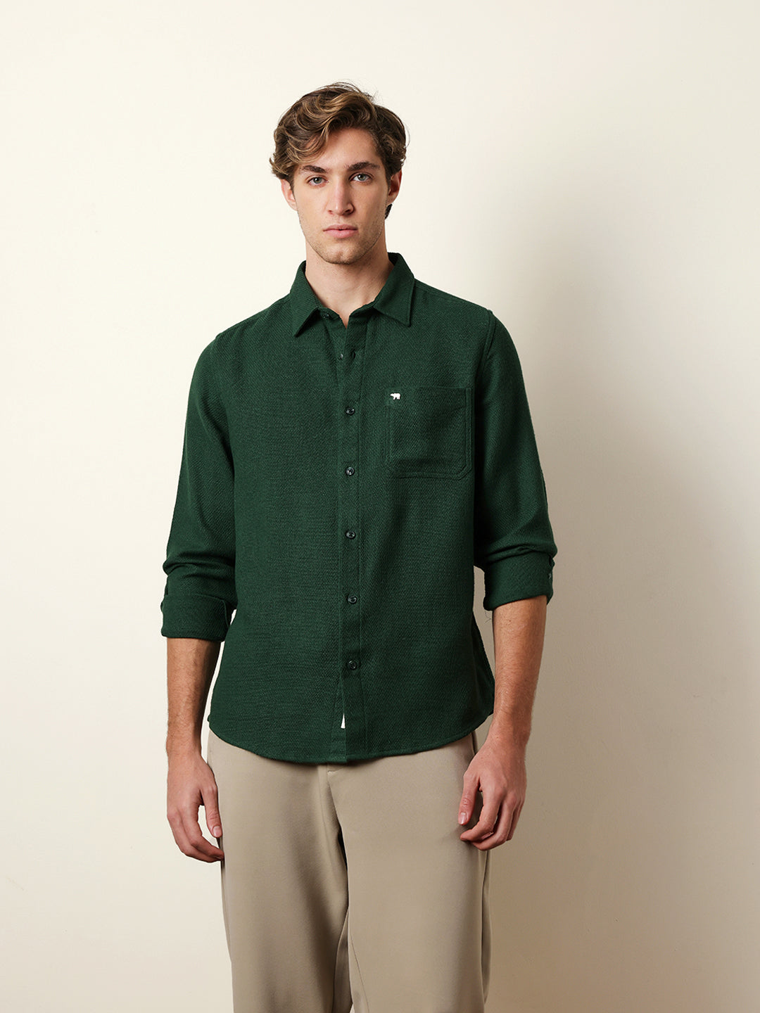 Green Woven Textured Regular Fit Casual Shirt