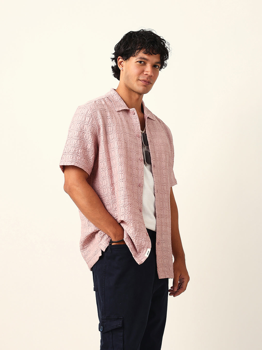 Light Pink Textured Geometric Relaxed Fit Casual Half Sleeve Shirt