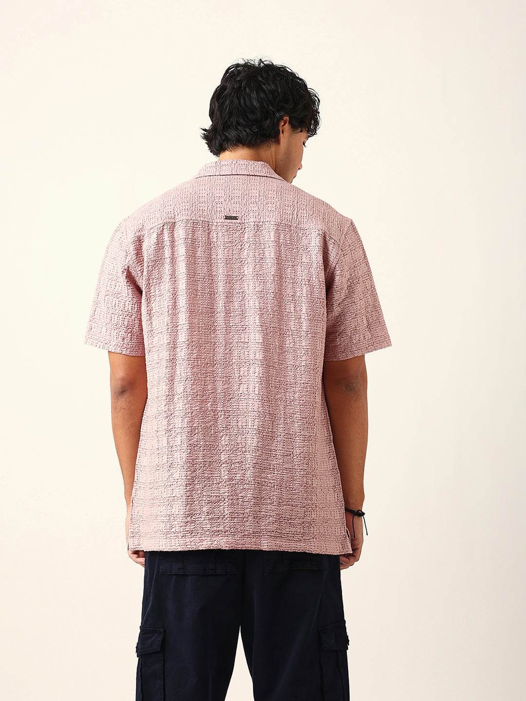 Light Pink Textured Geometric Relaxed Fit Casual Half Sleeve Shirt