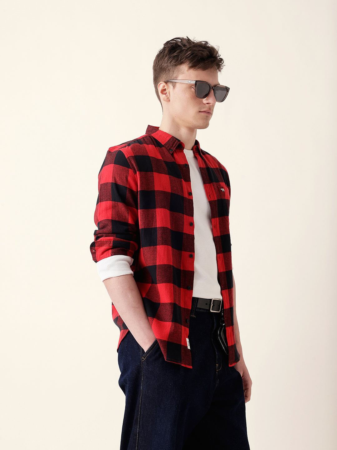 Red & Black Block Checked Slim Fit Casual Shirt