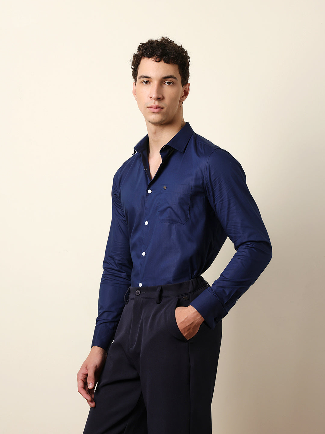 Navy Blue Solid Tailored Fit Formal Shirt with French Cuffs