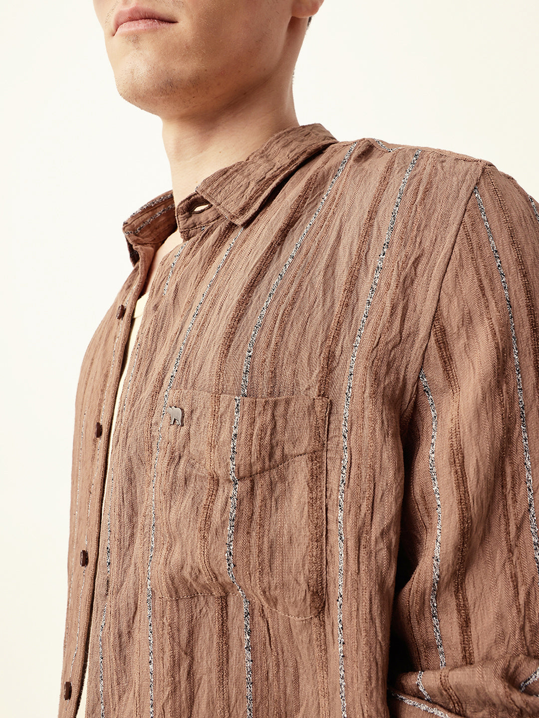 Rust Vertical Seersucker Pinstripe Slim Fit Casual Shirt