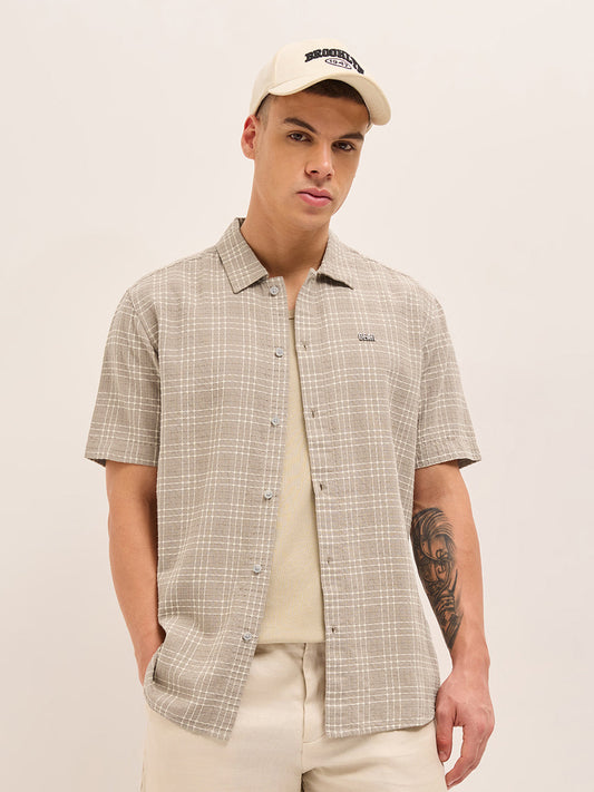 Beige Textured Checked Regular Fit Half-Sleeve Casual Shirt