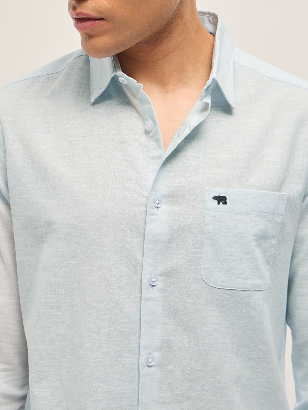 Light Blue Cotton Linen Slim Fit Solid Casual Shirt