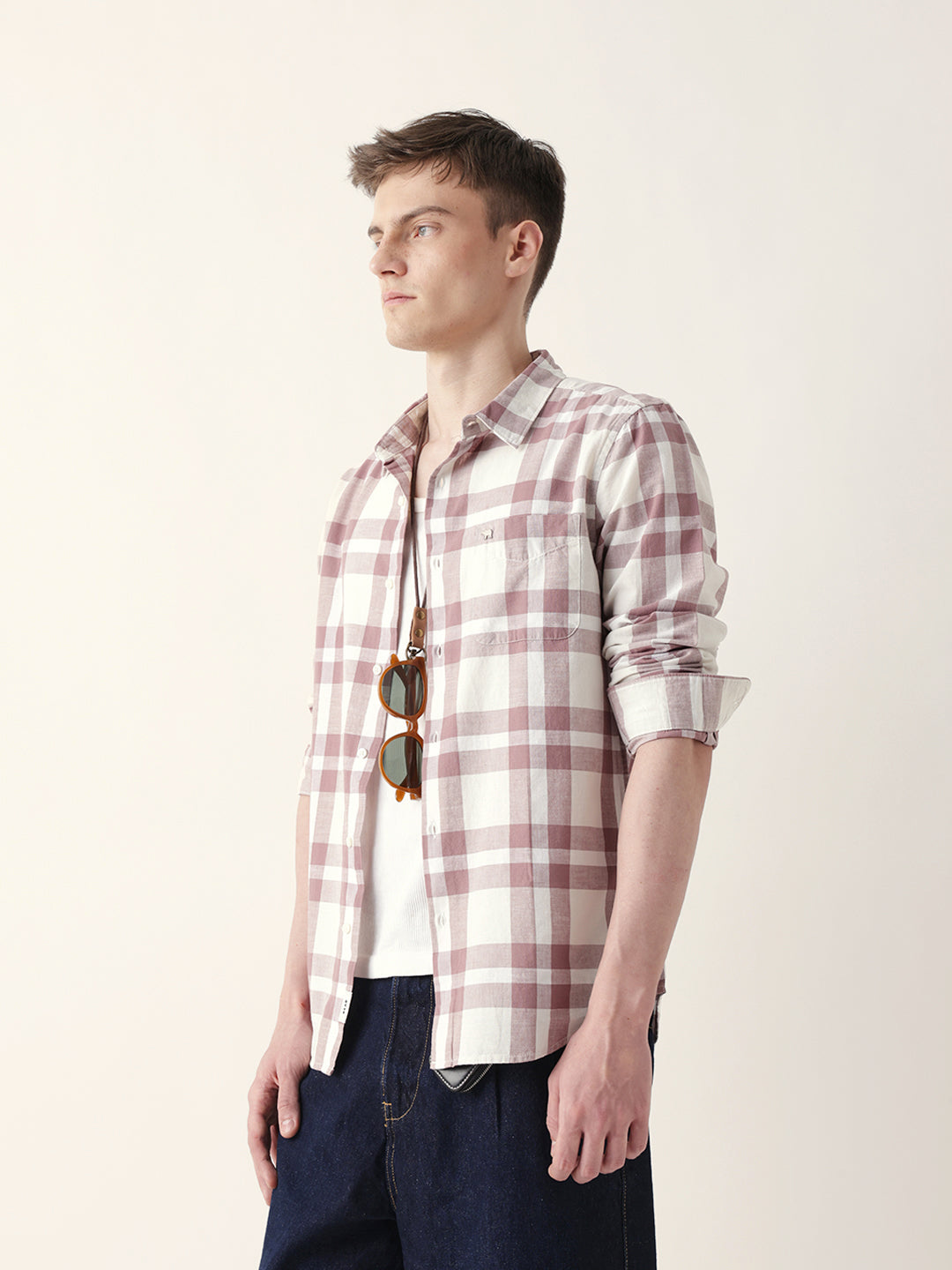 Off white with Pink Woven Tartan Checked Slim Fit Casual Shirt