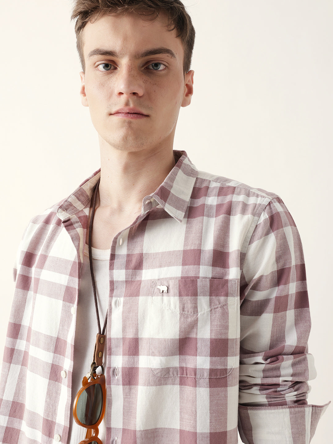 Off white with Pink Woven Tartan Checked Slim Fit Casual Shirt