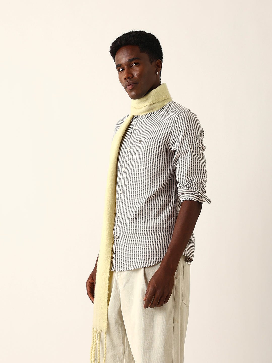 Black & White Vertical Woven Pinstriped Slim Fit Casual Shirt
