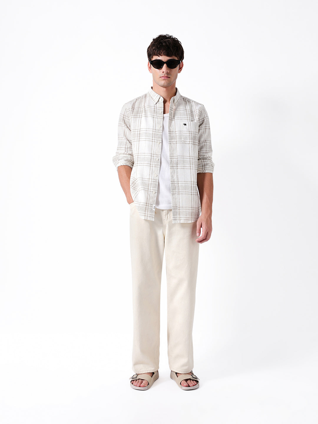 Cream & Brown Slim Fit Plaid Check Woven Casual Shirt