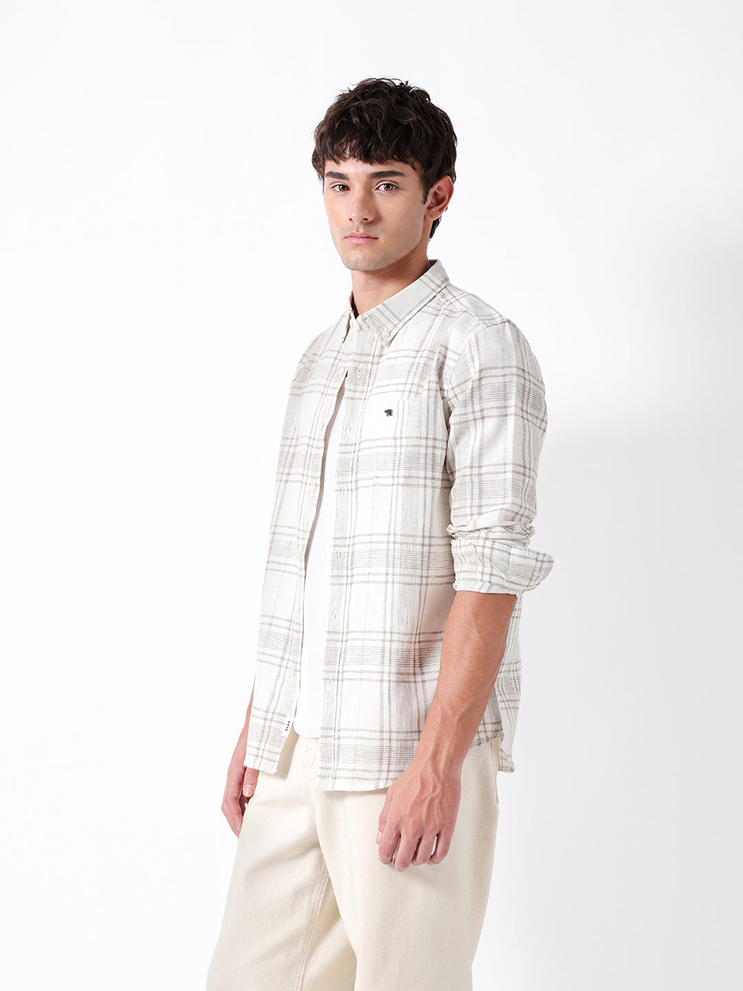 Cream & Brown Slim Fit Plaid Check Woven Casual Shirt