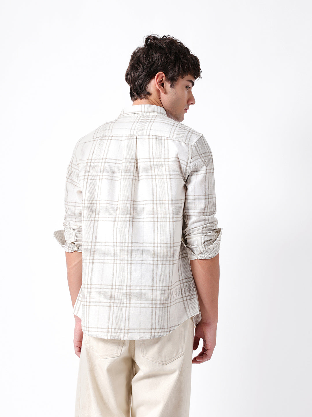 Cream & Brown Slim Fit Plaid Check Woven Casual Shirt