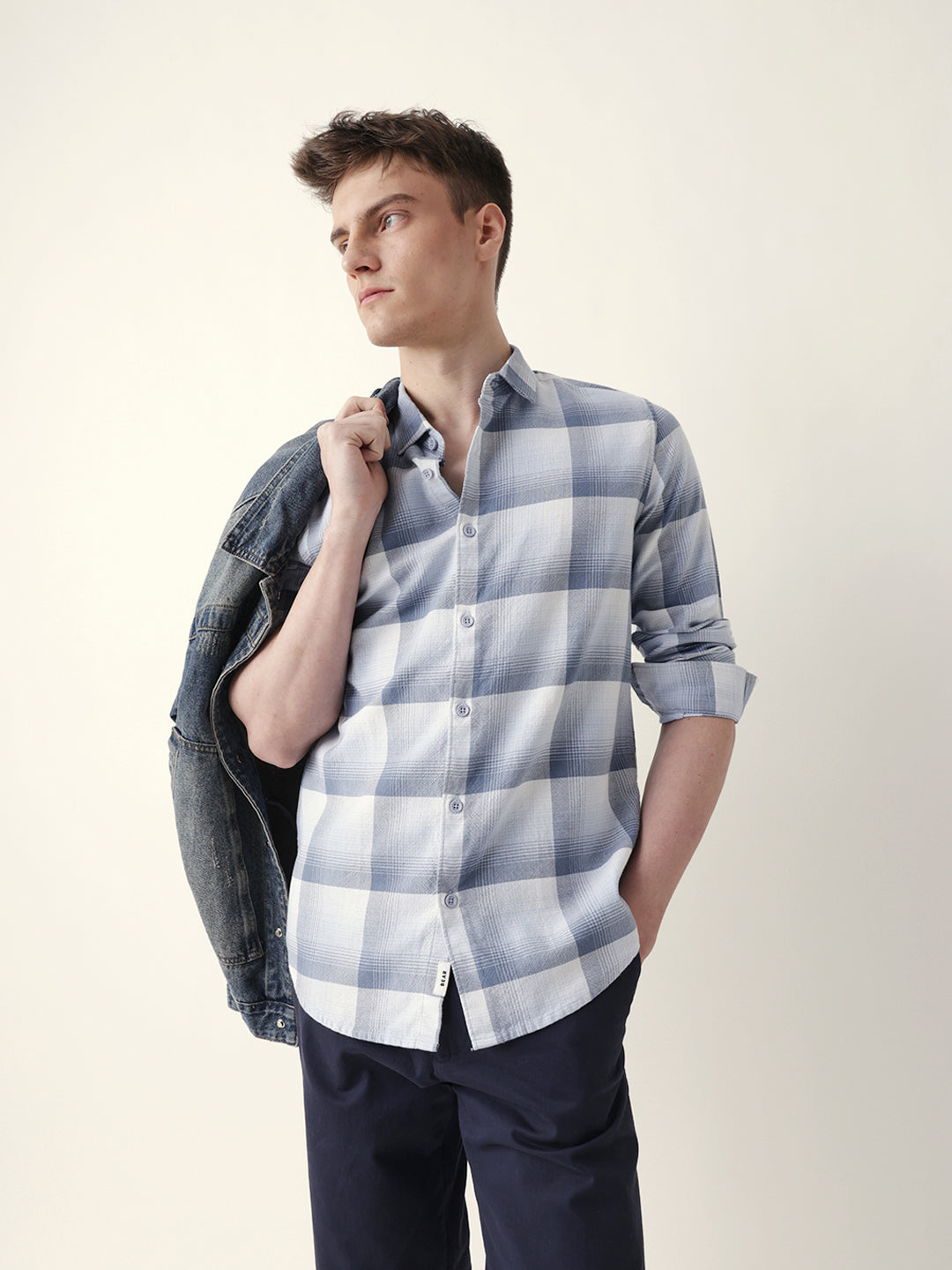 Blue with White Woven Checkered Slim Fit Casual Shirt