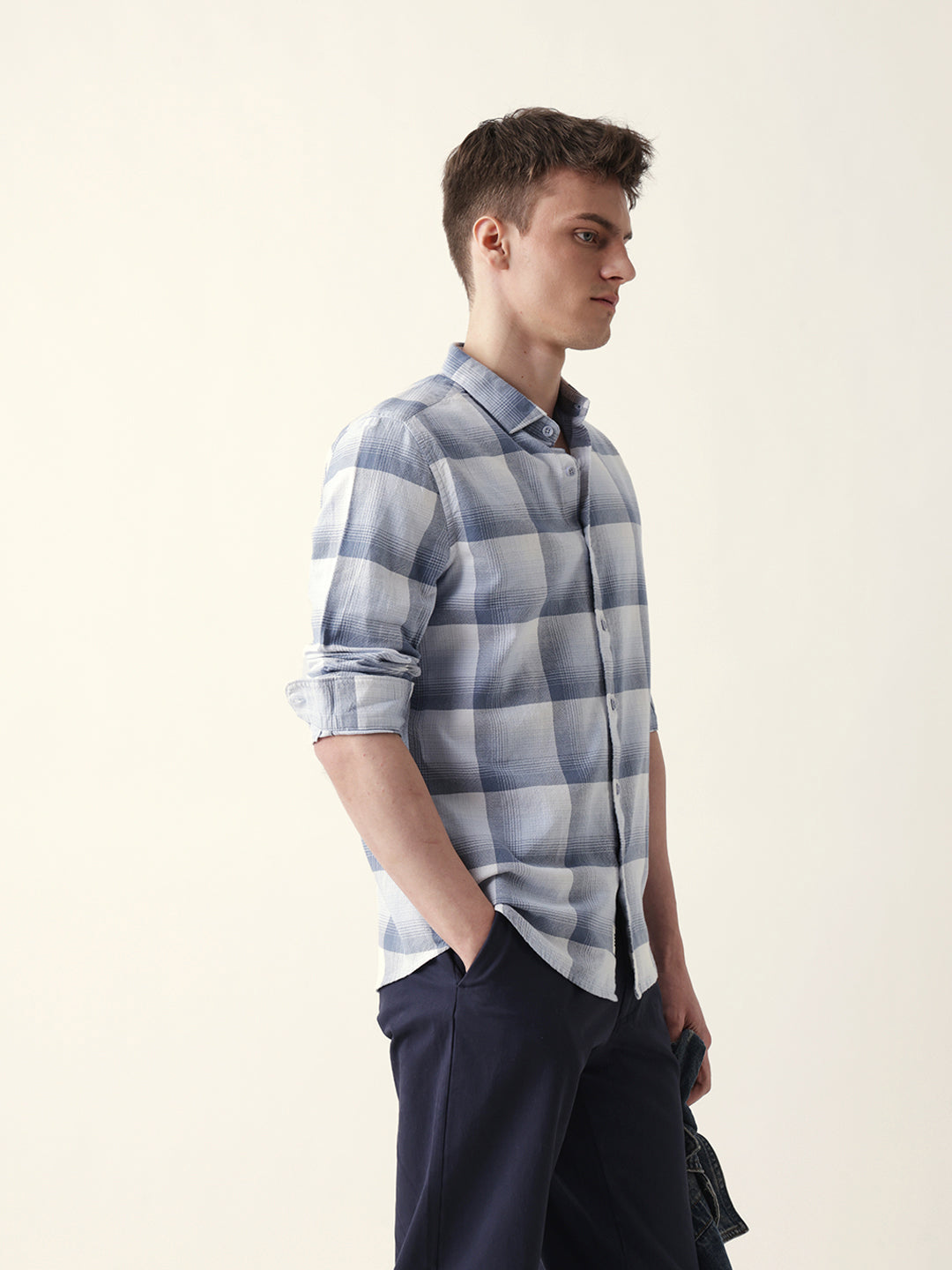Blue with White Woven Checkered Slim Fit Casual Shirt