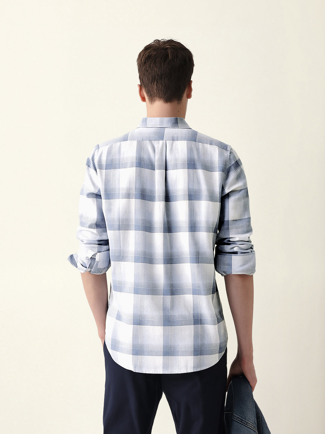 Blue with White Woven Checkered Slim Fit Casual Shirt