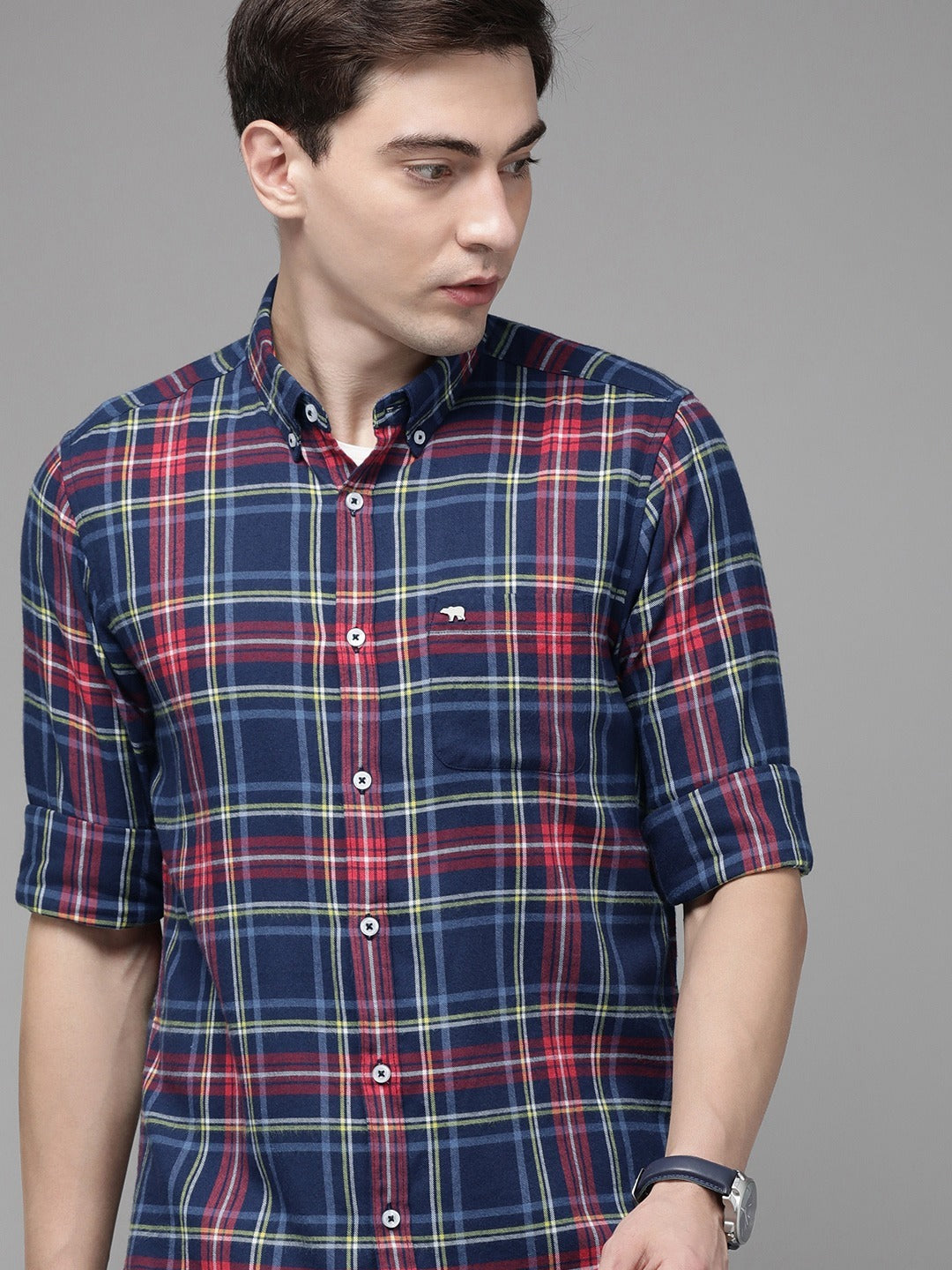 Men Blue Slim Flannel Button-Down Casual Shirt