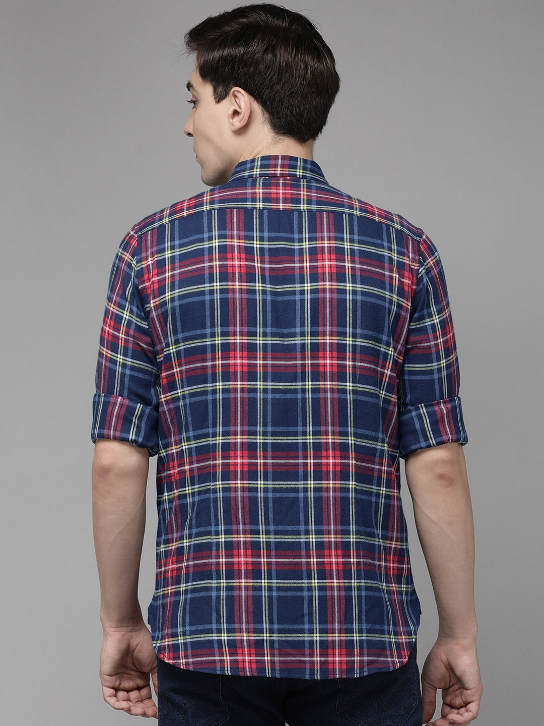 Men Blue Slim Flannel Button-Down Casual Shirt
