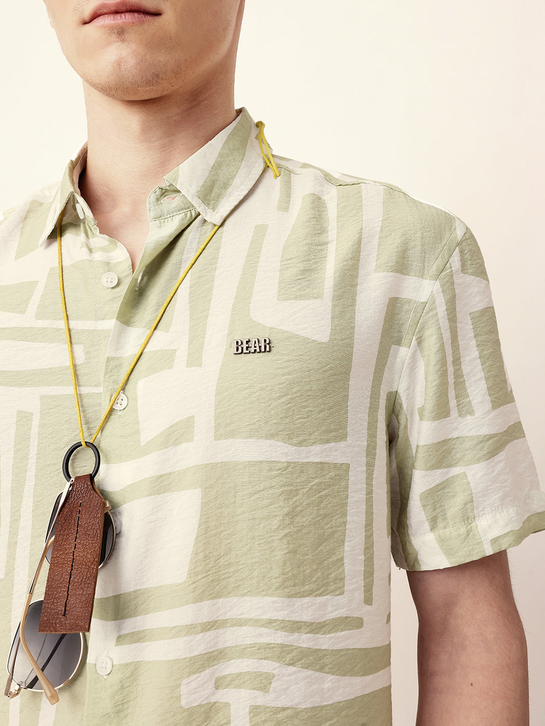White & Green Relaxed Fit Abstract Stroke Print Half Sleeve Casual Shirt