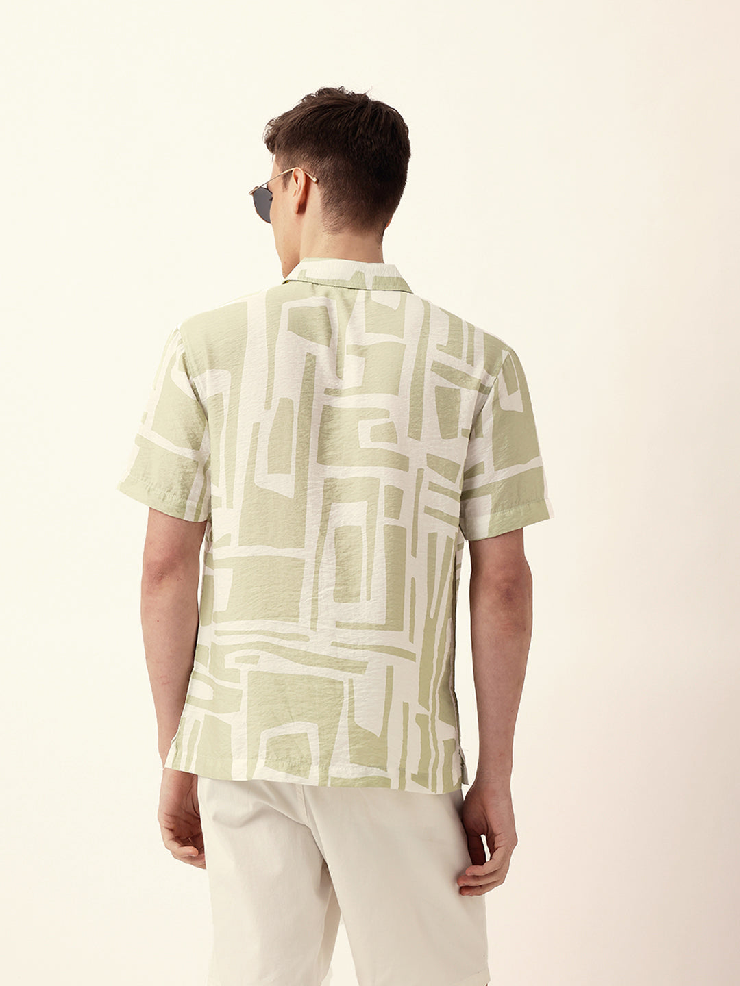 White & Green Relaxed Fit Abstract Stroke Print Half Sleeve Casual Shirt
