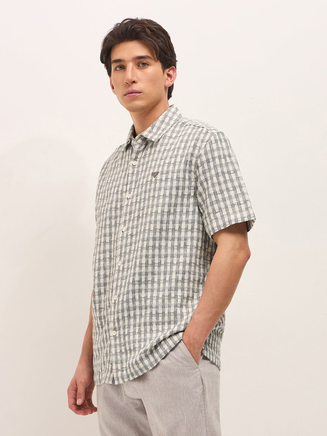 Grey Woven Checked Oversized Fit Casual Shirt with Spread Collar