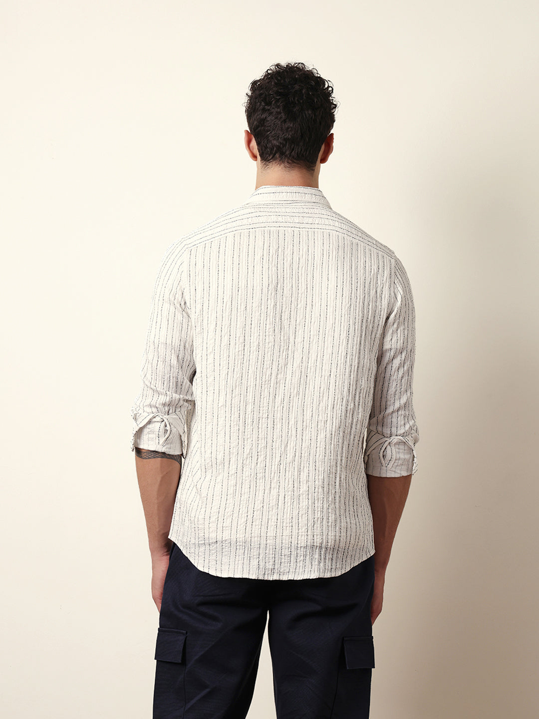 White Vertical Seersucker Pinstripe Slim Fit Casual Shirt