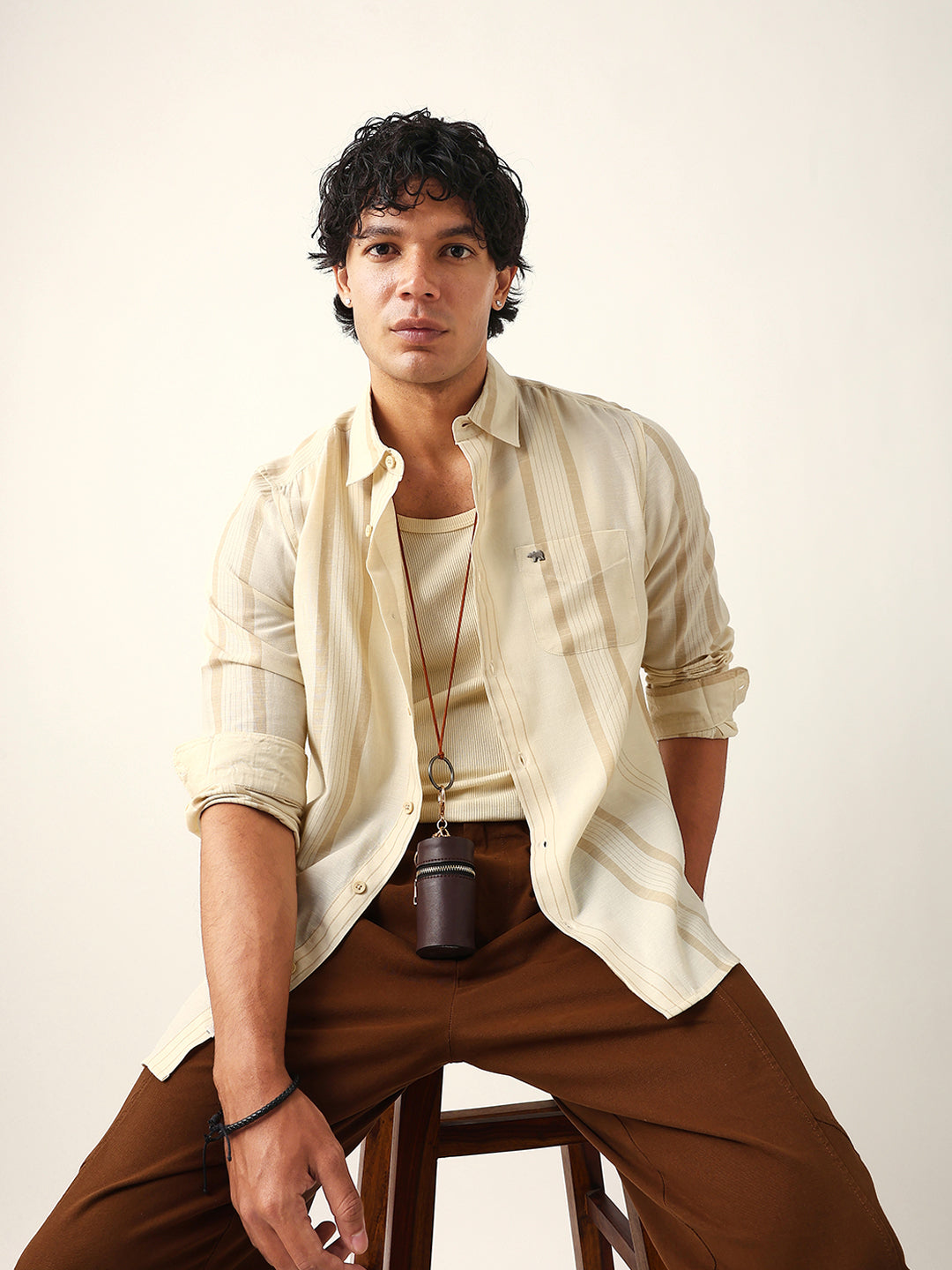 Cream Woven Vertical Striped Slim Fit Casual Shirt