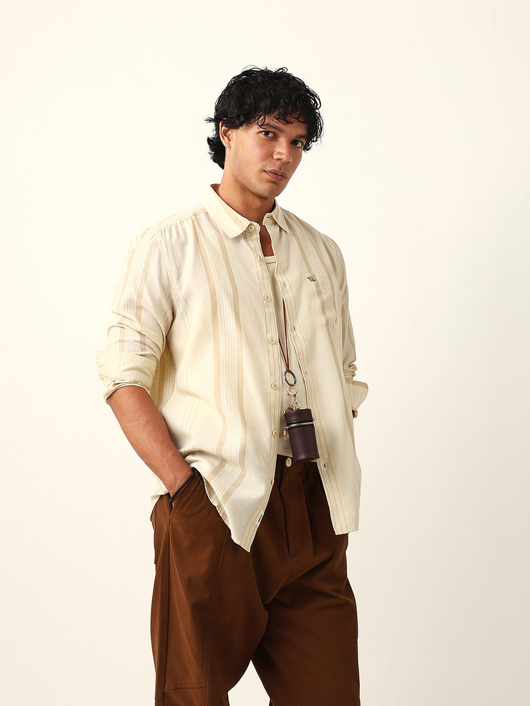 Cream Woven Vertical Striped Slim Fit Casual Shirt