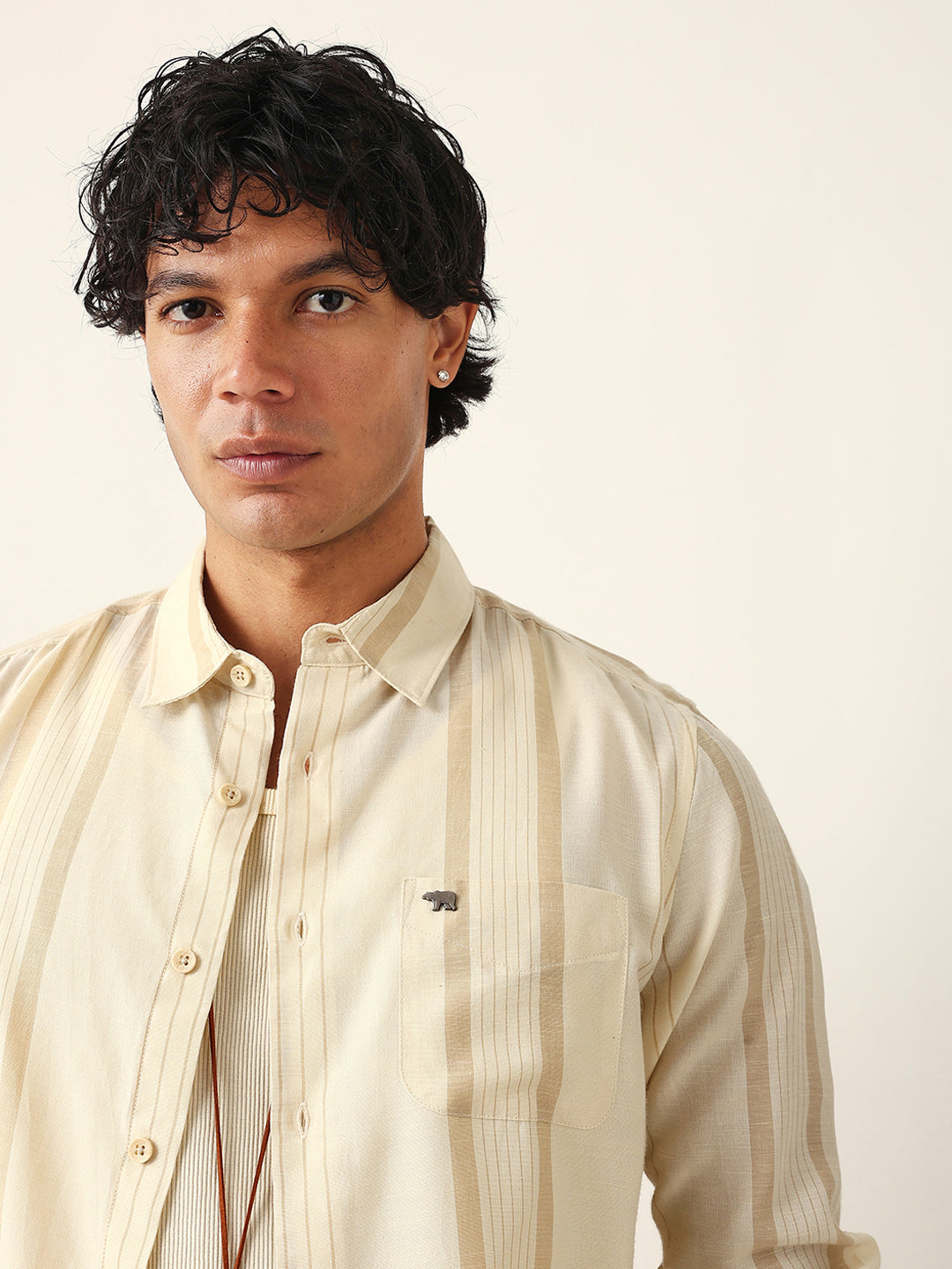 Cream Woven Vertical Striped Slim Fit Casual Shirt