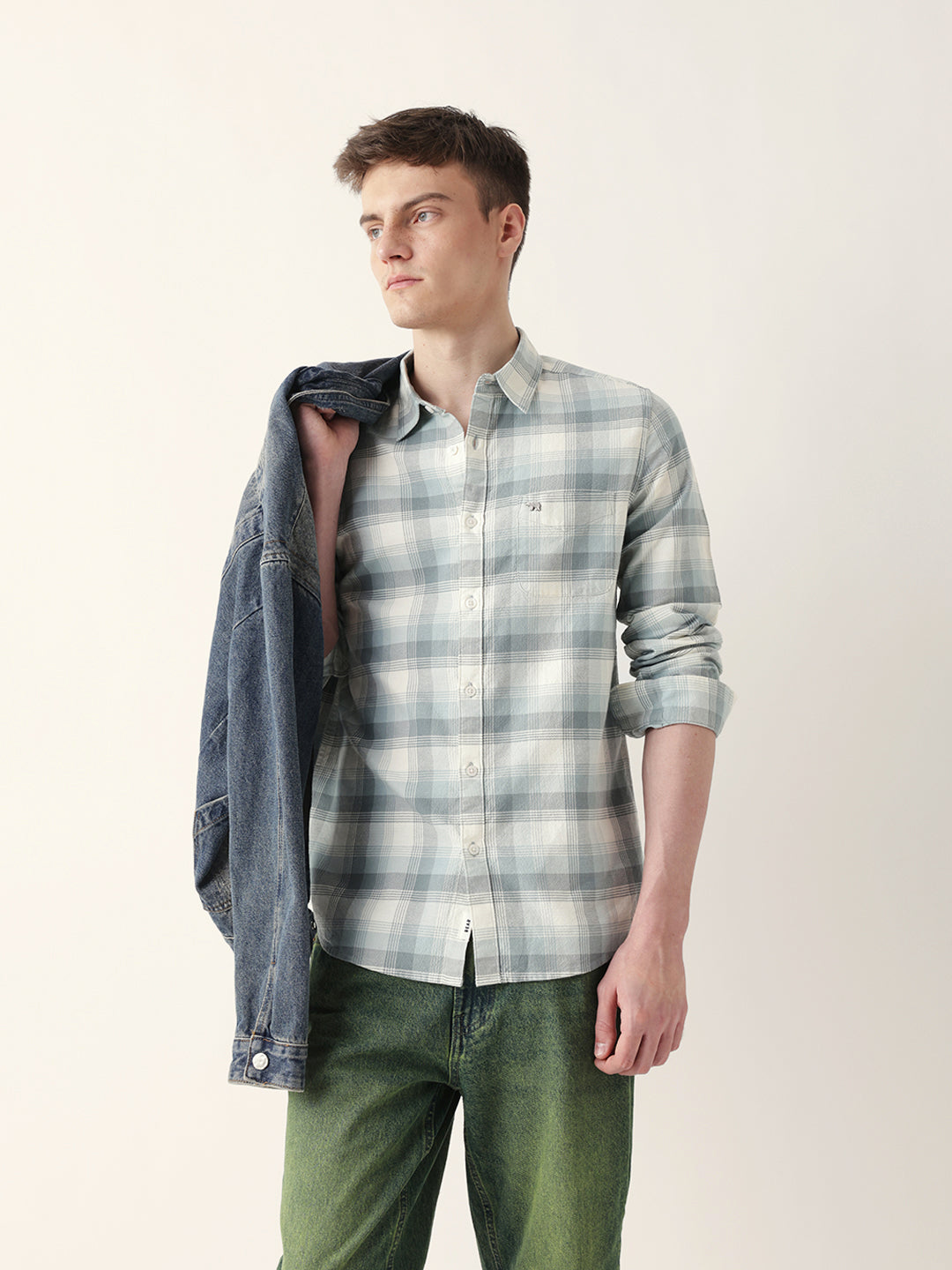 Teal with Cream Woven Checkered Slim Fit Casual Shirt