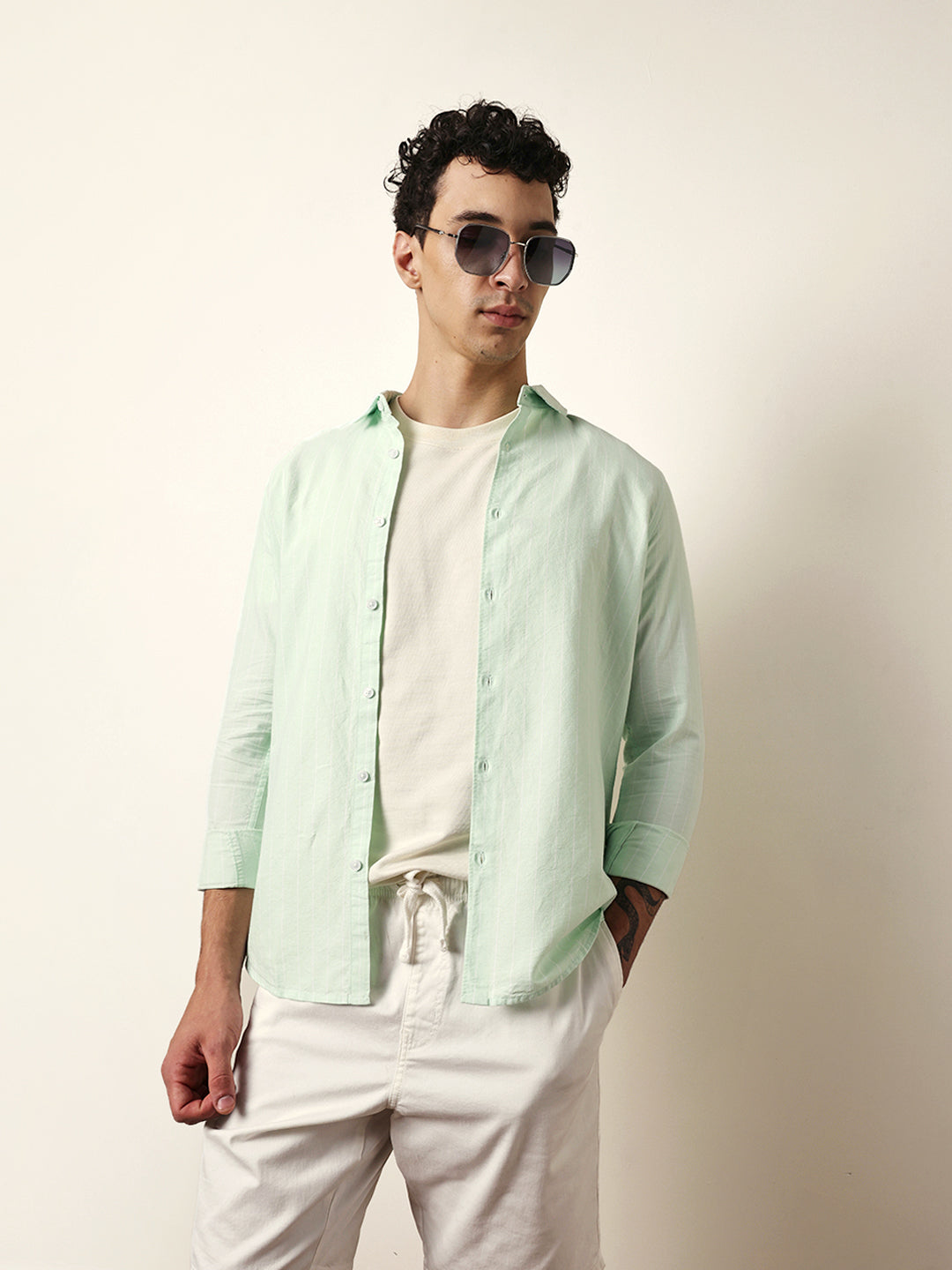 Green Vertical Woven Stripe Slim Fit Casual Shirt