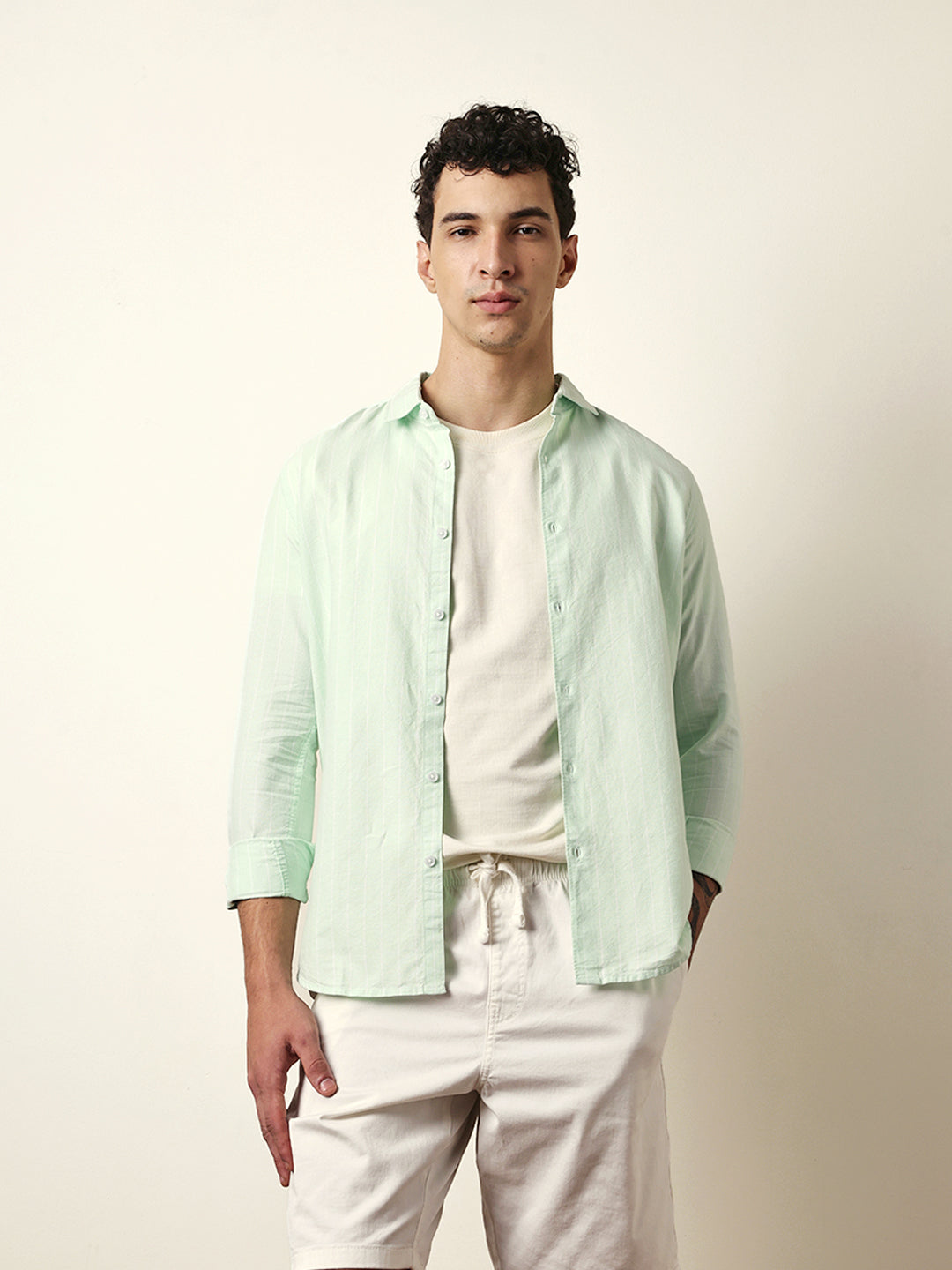 Green Vertical Woven Stripe Slim Fit Casual Shirt