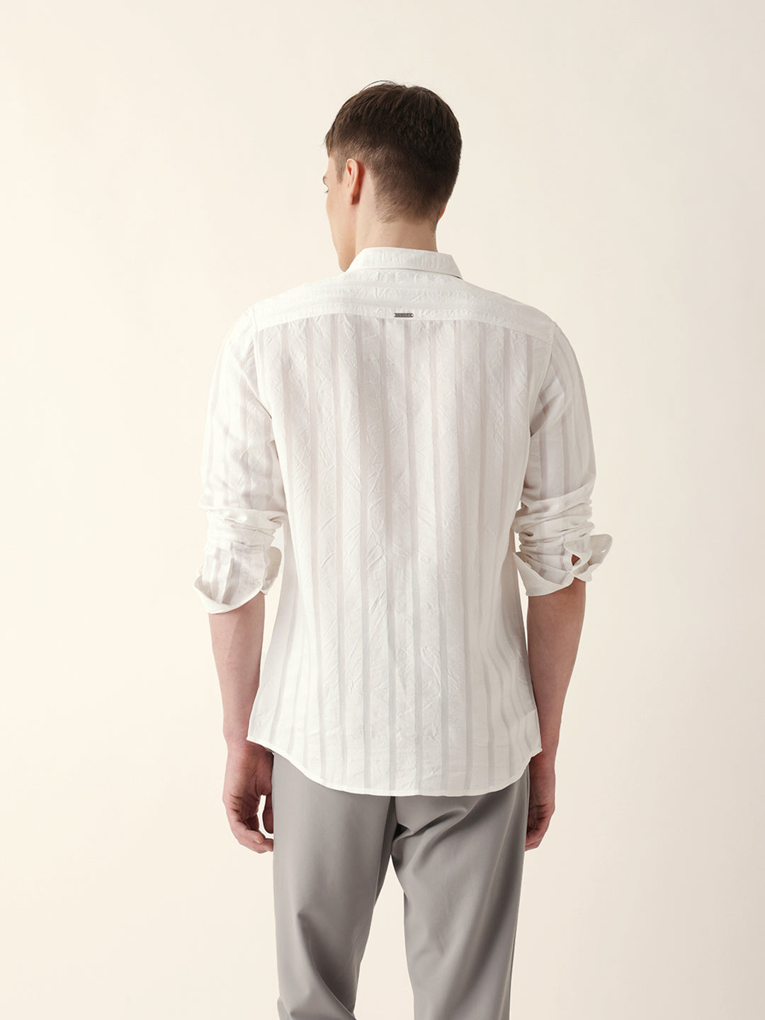 White Woven Vertical Striped Slim Fit Casual Shirt