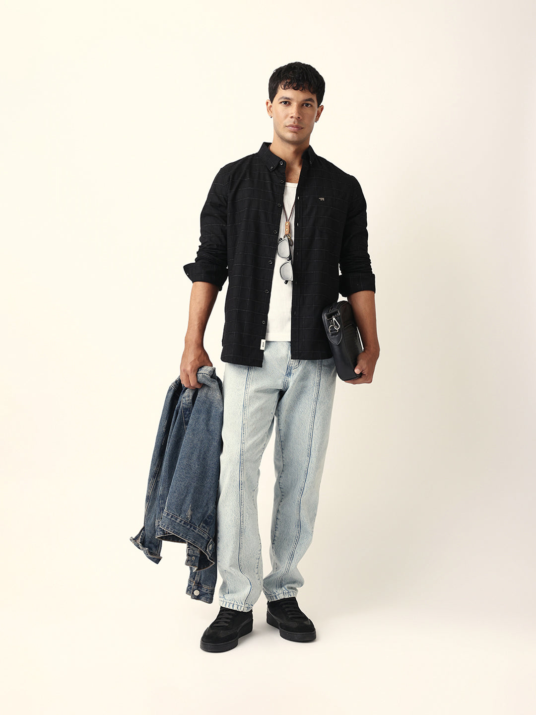 Black Block Woven Check Slim Fit Casual Shirt
