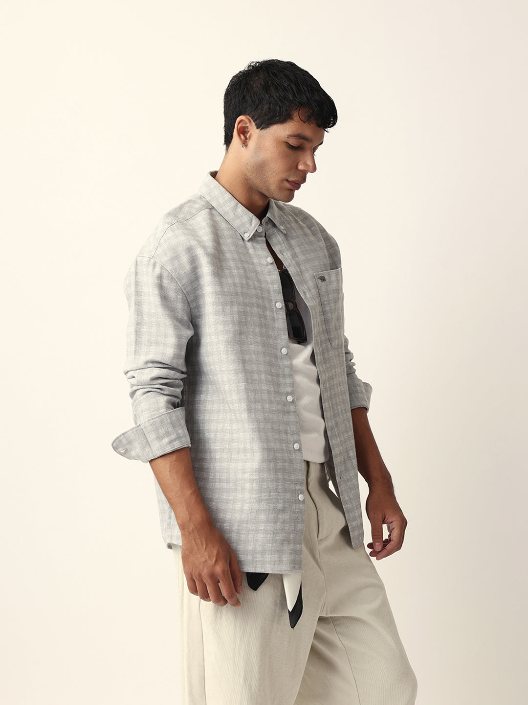 Grey Woven Micro Check Textured Relax Fit Overshirt