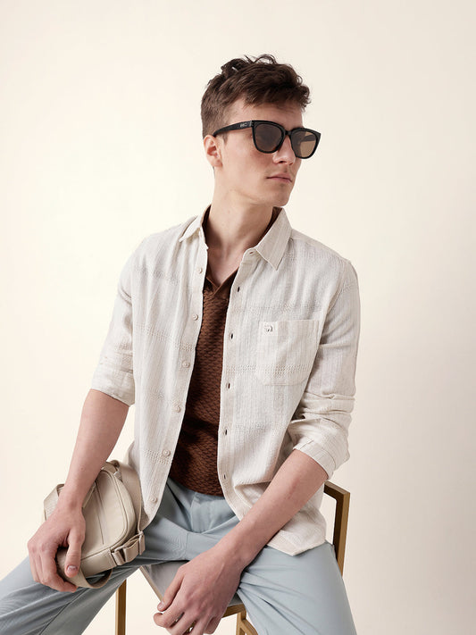 Cream Slim Fit Casual Shirt with Vertical Stripes & Horizontal Texture Design