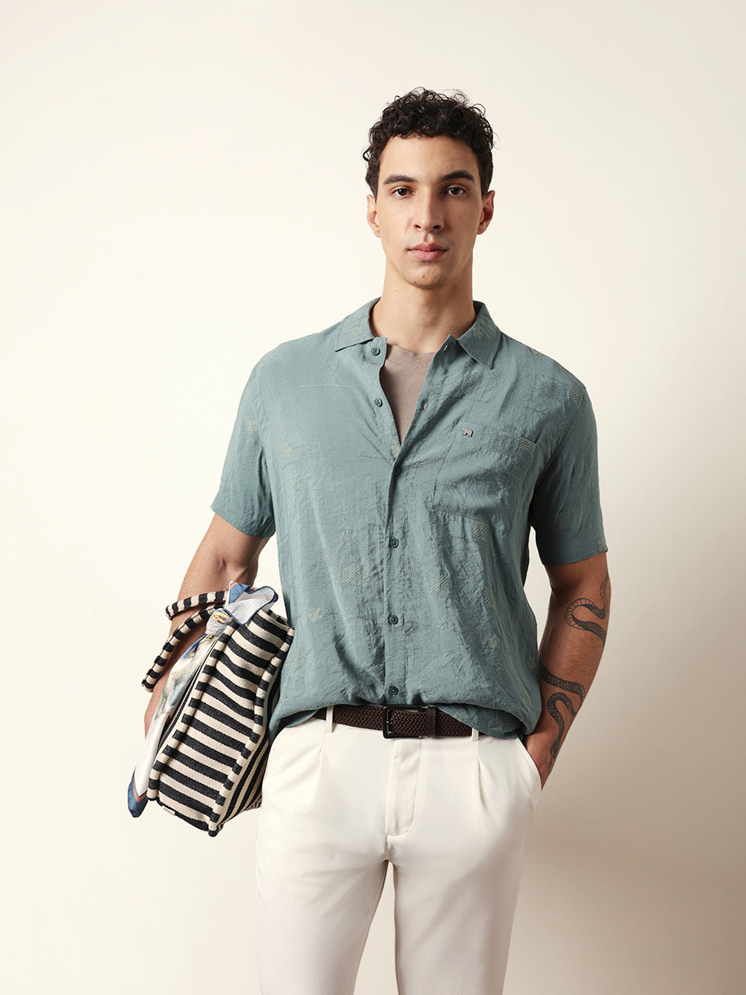 Green Embroidered Motif Regular Fit Casual Shirt