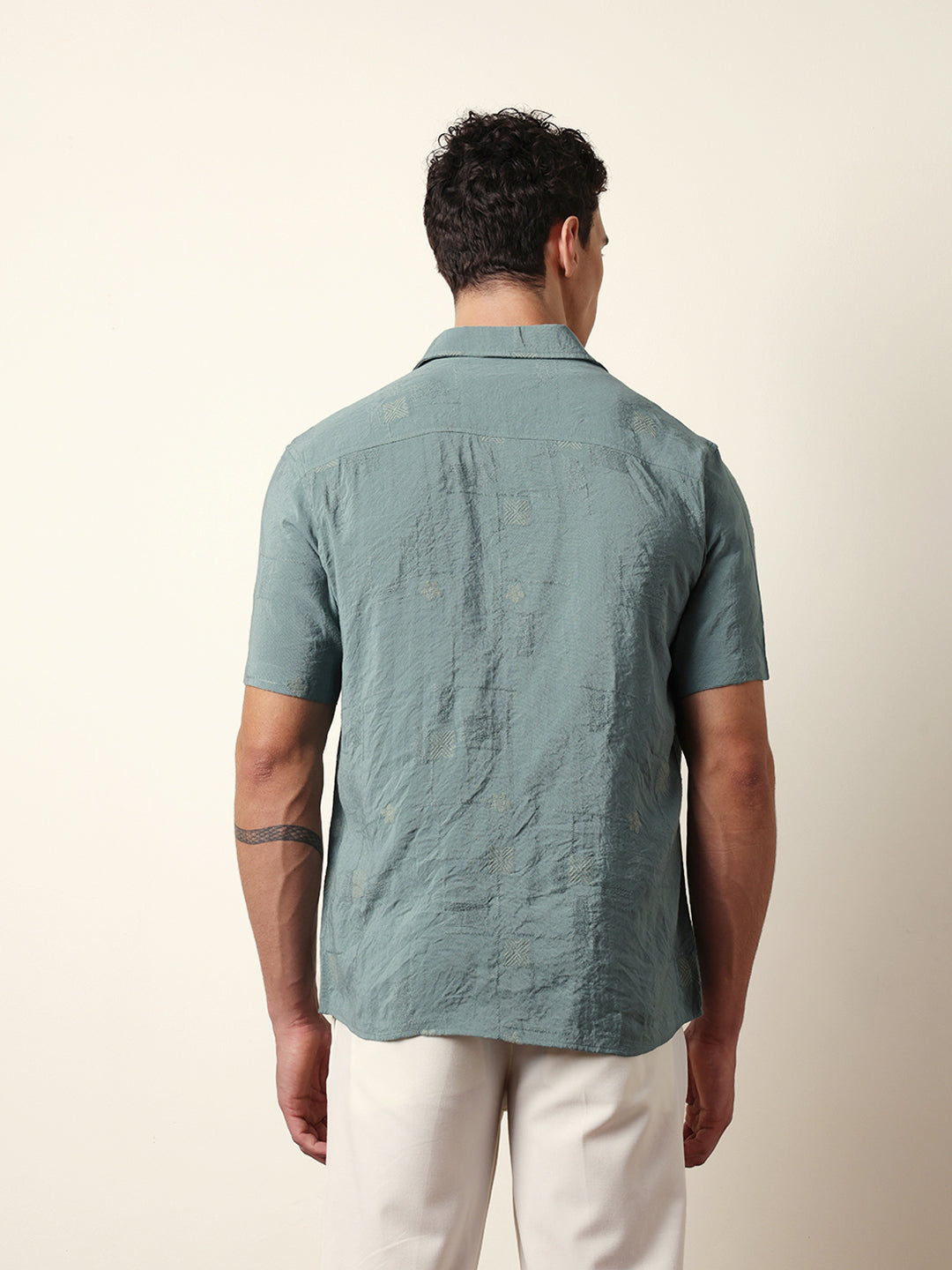Green Embroidered Motif Regular Fit Casual Shirt