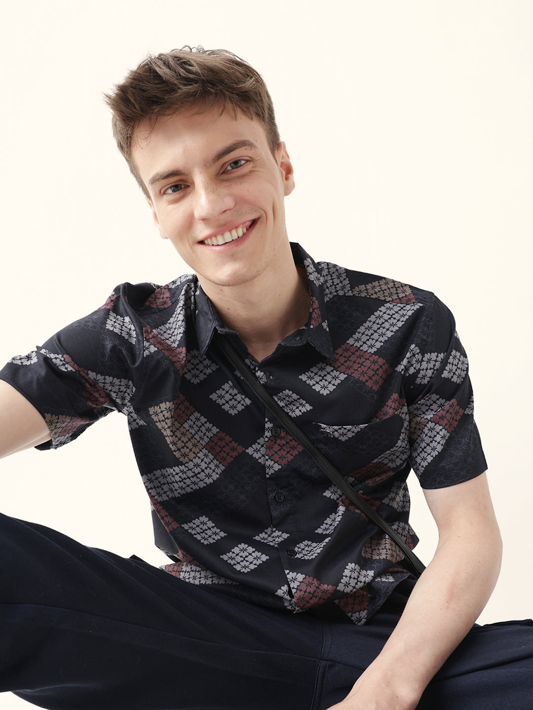 Black Regular Fit Casual Shirt with Geometric Floral Grid Print